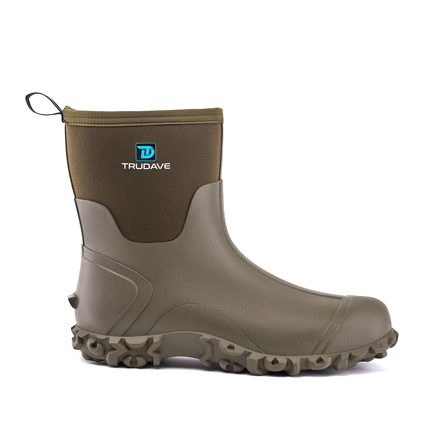 alt="Side view of Trudave AquaGrip Series men’s waterproof mid-calf rubber work boots in olive green – durable non-slip design providing traction and waterproof protection for gardening, farming, and rainy outdoor work"